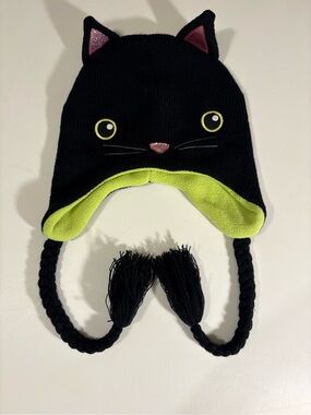 Kids Black Cat Ear Hat with Lime Lining and Braided Tassels